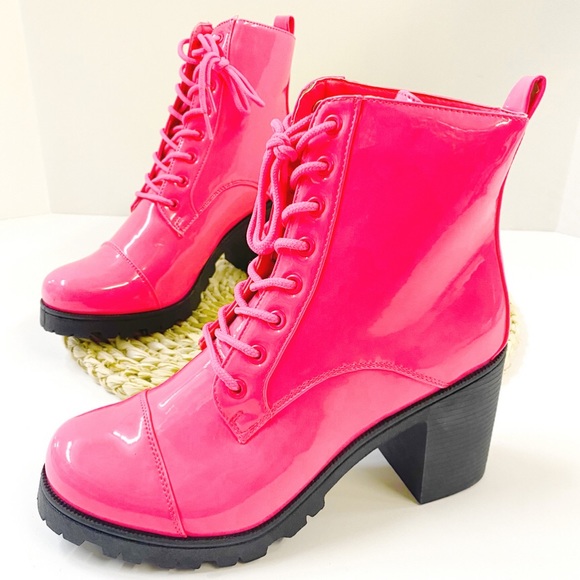 2 Left! Qupid SORRENTO Pink Neon Patent Lace-Up Heeled Combat Bootie - Picture 5 of 8